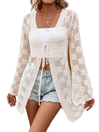 Verdusa Women's Crochet Cardigan Lightweight Kimono Sweater Tie Front Flounce Sleeve Sheer Knit Top
