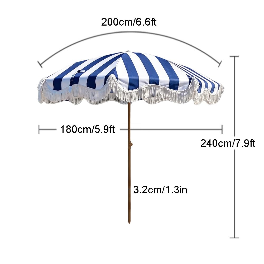 Sombrilla de playa de 200 cm con flecos, sombrilla de patio exterior inclinable, rayas azules, protección UV e impermeable, para piscina, mesa, jardín