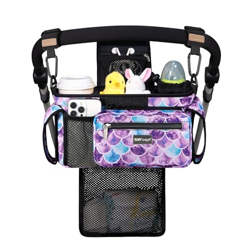 Image of TOPDesign Universal Baby Stroller Organizer, Stroller Caddy with Detachable Mesh Bag & Heightened Insulated Cup Holders & Non-Slip Secure Hooks Accessories, Fits Most Strollers (Mermaid)