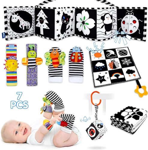 7 Pcs Black and White High Contrast Baby Toys for Newborn, Tummy Time Toys Montessori Toys for Babies 0-6 Months, Sensory Toys Newborn Infant Toys Soft Book for 0-3 3-6 6-12 Months Boys Girls
