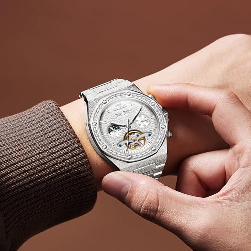 Image of OLEVS Automatic Watch for Men 44MM Large Dial Frosted Gold Octagon Self-Winding Diamond Waterproof Stainless Steel Wrist Watches Tourbillon Skeleton Mechanical