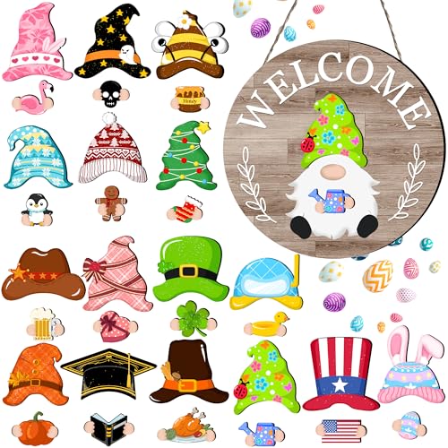 Seasonal Gnome Wall Decor Set 11.8 inch Autumn Wooden Round Sign with Interchangeable Holiday Hats Welcome Door Hanging (Grey-3)