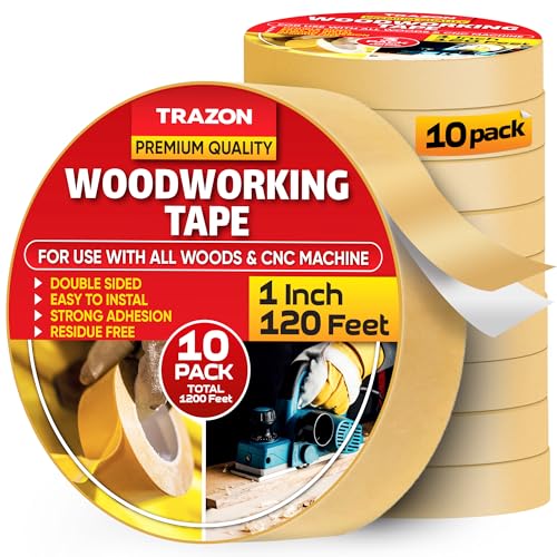 Image of Trazon Double Sided Woodworking Tape Super Strong, 10 Pack, 1 Inch x 120 Feet, Wood Crafter Sticky Tool, Two Side Adhesive for Router Templates and CNC Machine, Removable & Residue Free