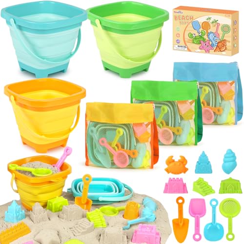 Dreamon Beach Toys for Kids 3-10, Collapsible Sand Toys Include 3 Pack Foldable Buckets with Mesh Bag, 24 PCS Beach Mold and Shovels Molds, Travel...