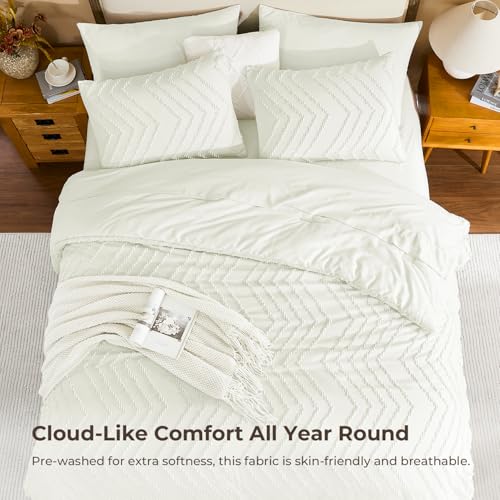 Image of Litanika Ivory Queen Size Comforter Set with Sheets - 7 Pieces Bed in a Bag Queen Boho Tufted Complete Bedding Sets with Comforter, Sheets, Pillowcases & Shams