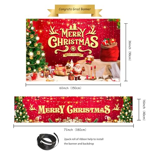 Image of Large Christmas Party Banner and Backdrop for Indoor & Outdoor, Yard Garden Halloween Decorations & Party Supplies (Red)