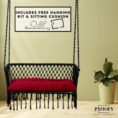 Image of Patiofy Double Seater Swing Chair Arm Rest /Hanging Hammock For 2 People /Jhula Adults /2 Balcony /200Kg Weight Holding Capacity /Hanging Kit & Cushion Included-Black - Polyester