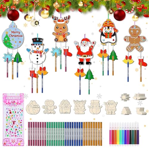 Lot de 12 carillons éoliens de Noël pour enfants - Décoration de Noël en bois - Kit de bricolage - Carillon éolien - Décoration de Noël en bois à peindre - 6 motifs avec cordon - Décoration de sapin