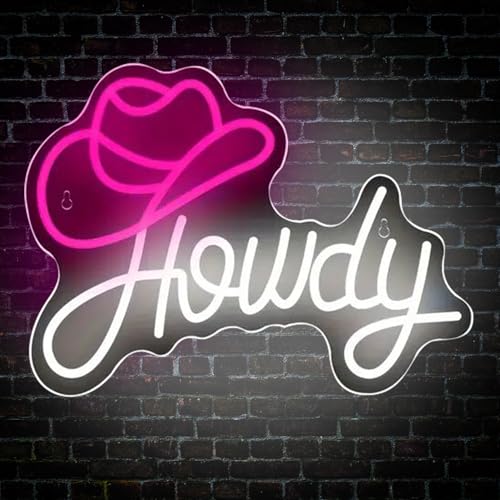 Image of Howdy Neon Sign with Cowboy Hat, Pink and White LED Neon Light for Wall Decor, Dimmable Western Neon Signs for Bachelorette Party, Nashville Decor, Cowgirl Bedroom, Bar, Dorm Art (12.7 inch x 13.1 inch)