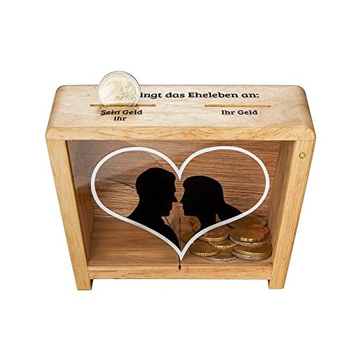 Casa Vivente Spardose für Ehe-Paare mit Herz-Aufdruck, Sparbüchse aus Holz zur Hochzeit, Verpackung für Geldgeschenke