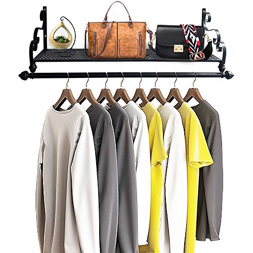 Nicheo Storage Wrought Iron Coat Rack Shelf Wall Mounted Hanging Closet with Clothing Rods Garment Hanger for Daily Clothes Hat Bag and More Ideal Organizer for House 394 Black