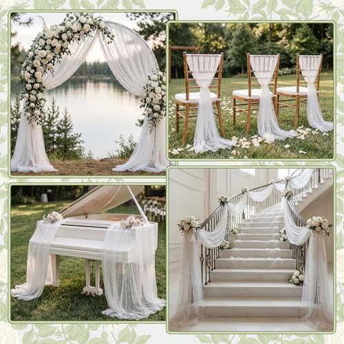 Image of Wedding Arch Draping Fabric with Pearl 28.7 inch x 20 ft Ivory White Sheer Gauze Fabric Backdrop Drapery for Wedding Arbor Ceremony Bridal Shower Birthday Party Reception Decor(White)