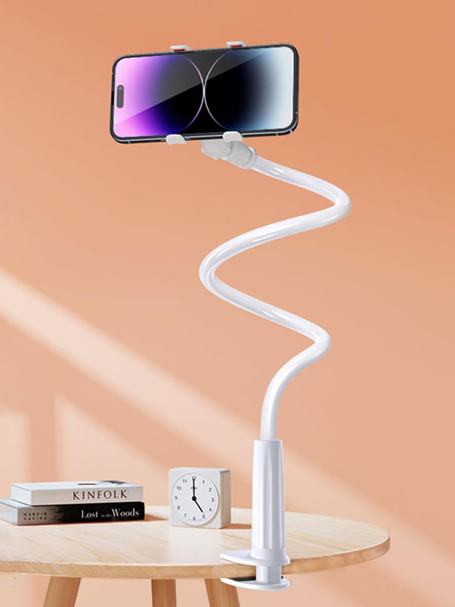 Cell Phone Bed Stand Holder, 360 Adjustable Clamp Clip, Cell Phone Holder, with Grip Flexible Long Arm Bracket Mount Clamp, for Desk, Compatible with iPhone 14 Pro Max or Other 3.5-7" Devices (White)