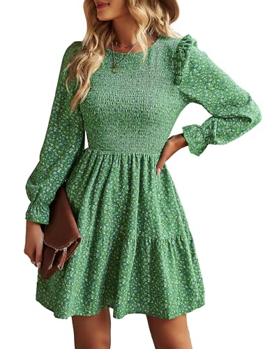 Image of KIRUNDO Long Sleeve Dress for Women 2025 Summer Fall Wedding Guest Smocked Floral Crewneck Ruffle A Line Flowy Mini Dress
