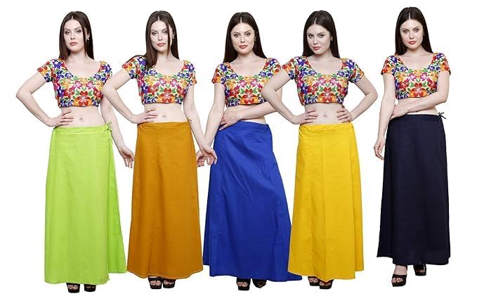 Image of Vlazom Women's Cotton Saree Petticoat - Pack of 5 Inskirts | Soft & Breathable Underskirts | Adjustable Drawstring Waist | Multicolor for Daily & Occasion Wear