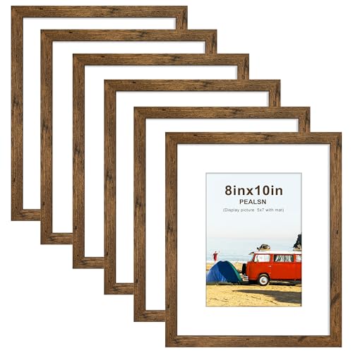 Image of PEALSN 8x10 Picture Frame Set of 6, Display Pictures 5x7 with Mat or 8x10 without Mat for Wall Mounting or Table Top Display, Photo Frames Collage for Wall Decor, Rustic Brown