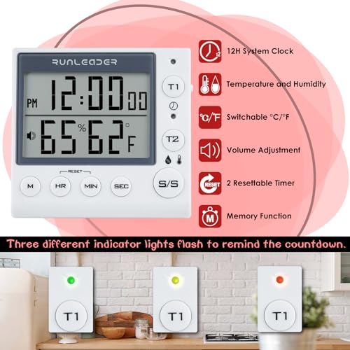 Jayron KT002A 2-Channel Kitchen Timer Magnetic Countdown Timer Clock Temperature and Humidity Meter Digital Minute/Second Timer Desk Clock for Elderly Kids(White) - Image 3