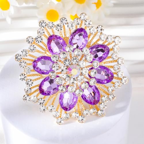 Image of Large Crystal Flower Brooch Pin for Women Red purple pink green Rhinestone Flower Lapel Pin Wedding Party Birthday Dance Banquet Dress Suit Ceremony Clothes Hat Bag Accessories Jewelry
