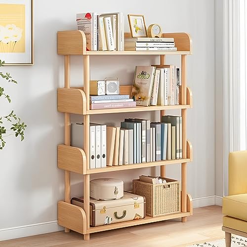 4-Tier Wooden Open Bookcase – Modern Display Bookshelf with Top Edge and Solid Wood Frame for Home and Office, Storage Cabinet, Oak