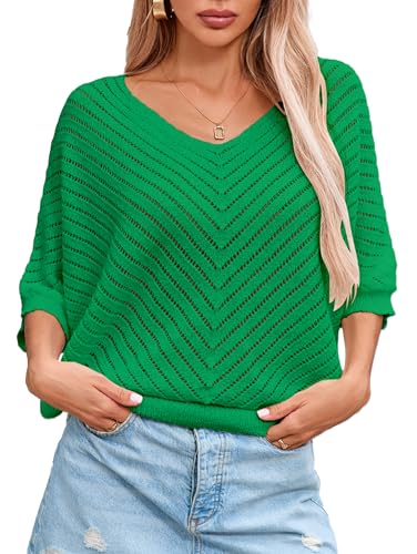 Image of Libsorge Womens Sexy V Neck 3 /4 Sleeve Sweater Spring 2025 Trendy Dressy Casual Outfits Lightweight Crochet Knit Pullover Top