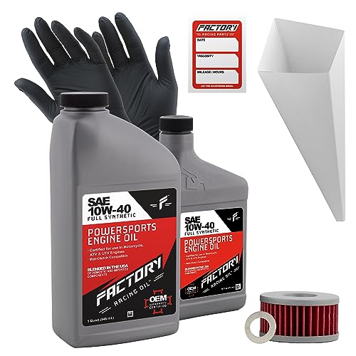Factory Racing Parts Oil Change Kit compatible with Suzuki GN250, GZ250 Marauder – Includes 1.5 Quarts of 10W-40 Full Synthetic Oil, 1 Filter, 1 Crush Washer, 1 Funnel, 1 Oil Change Reminder Sticker