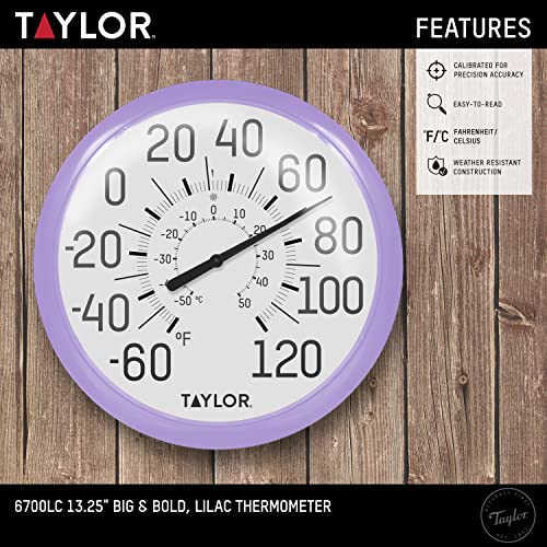 Image of Taylor Big and Bold Wall Dial Thermometer, Indoor Outdoor Thermometer, Wireless Thermometer with Easy to Read Numbers for Patio, Pool, Garage and Indoor Areas, 13.25-inch, Lilac