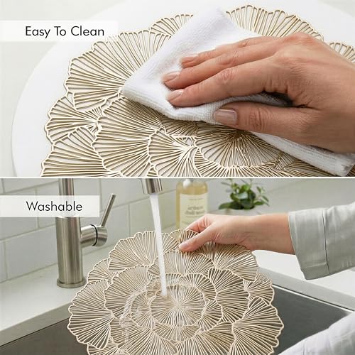 Image of Yellow Weaves 2 Pcs PVC Bloom Petal Design Table Placemat, Dining Table Mat, Anti-Skid, Washable, Dining, Kitchen, Restaurant Table Set Easy to Clean, Durable (Golden)