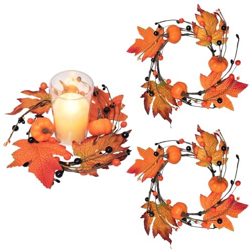 3pcs Fall Candle Rings Wreaths Autumn Maple Leaves Pumpkins Berries
