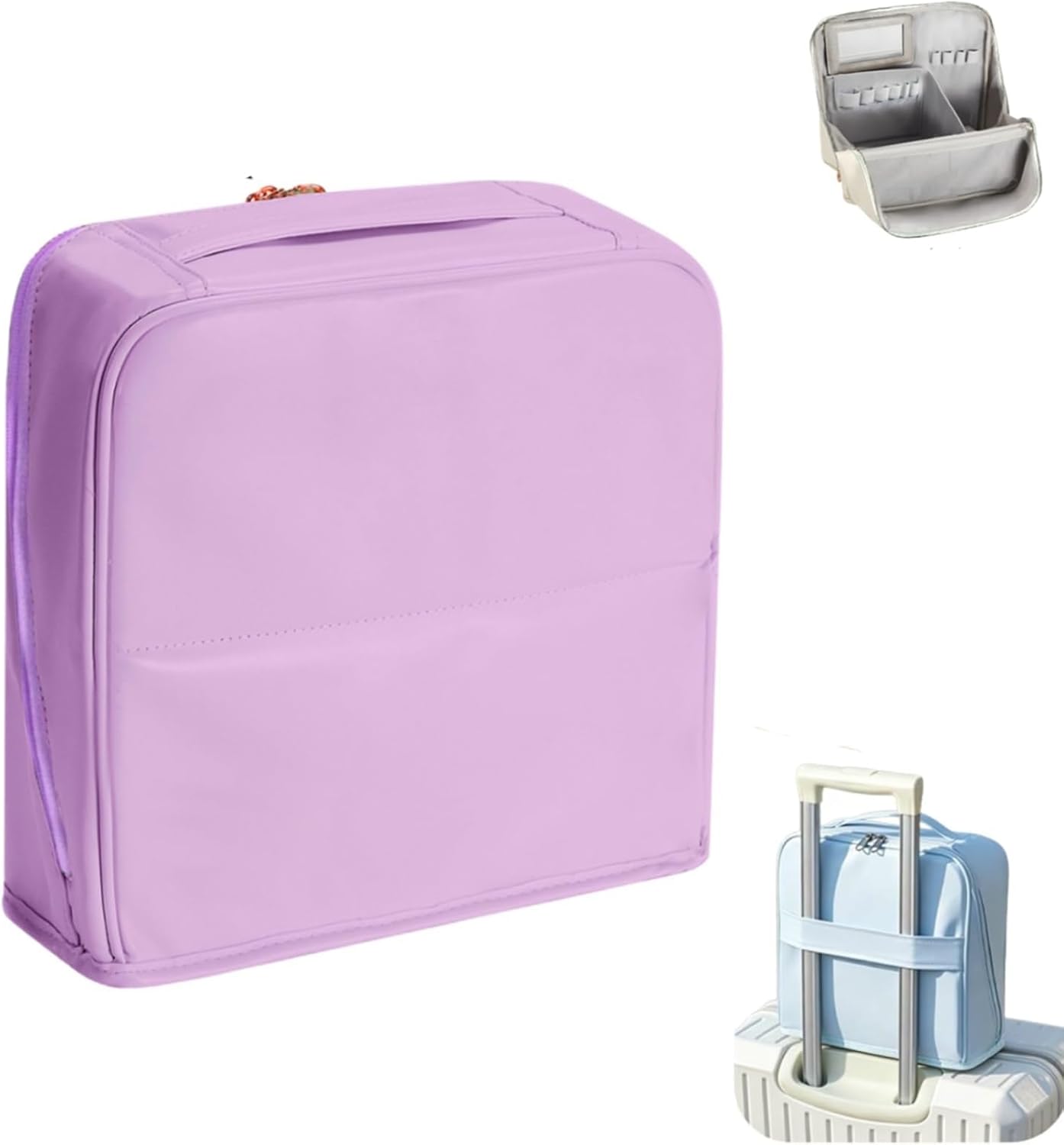 Stylish Handheld Partitioned Cosmetic Bag, Portable Standing Travel Makeup Bag, Waterproof PU Leather Makeup Bags with Mirror Large Foldable Capacity for Brushes (Purple, M(9.06 * 8.66 * 2.56 in))