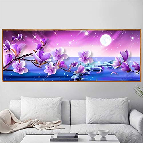 DIY 5D Diamant Peinture Kits Complet Magnolia violet Cristal Strass Point Croix Grand Diamond Painting Adulte Enfant Broderie Art Autocollant Mural for Home Salon Décor Foret Carré 30x90cm Y8914