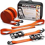 FORTEM Ratchet Tie Down Straps, Heavy Duty, 2X 15ft Securing Straps, 2X Soft Loops 4500lb Break Strength, Rubber Coated Metal Handles, Metal Hooks, Carrying Case (2 Pack)