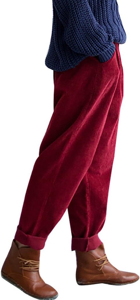 Youlee Women's Elastic Waist Corduroy Trouser with Pockets Burgundy