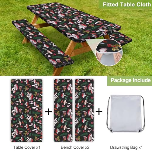 Image of Picnic Table Cover with Bench Covers 6FT 3 Pcs Waterproof Windproof Aesthetic Camping Tablecloth with Drawstring Bag, Fitted for 6 Foot Rectangle Tables and Seats, 72 inch, Black Green Red