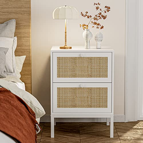 Ikifly Rattan Nightstand Set Of 2, Farmhouse Boho End Side Table With 2 Handmade Rattan Drawers, Wood Accent Bedside Table With Storage For Bedroom, Living Room - White #TOP3