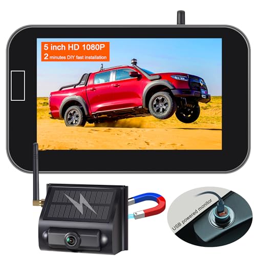 Image of YIMU Solar Magnetic Wireless Backup Camera for Truck andTrailers, Portable, Cordless, Scratch-Proof, 2Mins Easy Install, No Wiring,1080P HD Rechargeable RV Back Camera with 5inch Monitor (YM501)