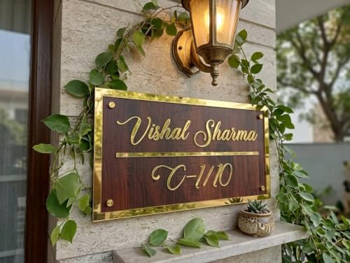 Image of Personalized Craft Wood Luxury Door Name Plates for Home Entrance (15x30 Cm) with 3D Embossed Letters- Ideal for Home & Office Entrances With Stainless Steel Screws || Door name plates (WoodGold)