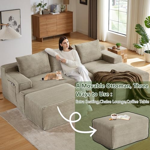 Image of 96.1 inch Modular Sectional Sofa with Ottoman, Modern Corduroy Cloud Couch, Boneless Couch Upholstered 3-Seater U-Shaped Sofa for Living Room, No Assembly (Camel, Right-Facing Chaise)