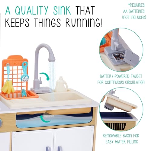 Lil’ Jumbl Wooden Kids Play Kitchen with Real Running Water Sink – Interactive Pretend Kitchen Set with Microwave, Stove, Lights & Sounds for Ages 3+ - Natural by Lil' Jumbl - Image 4