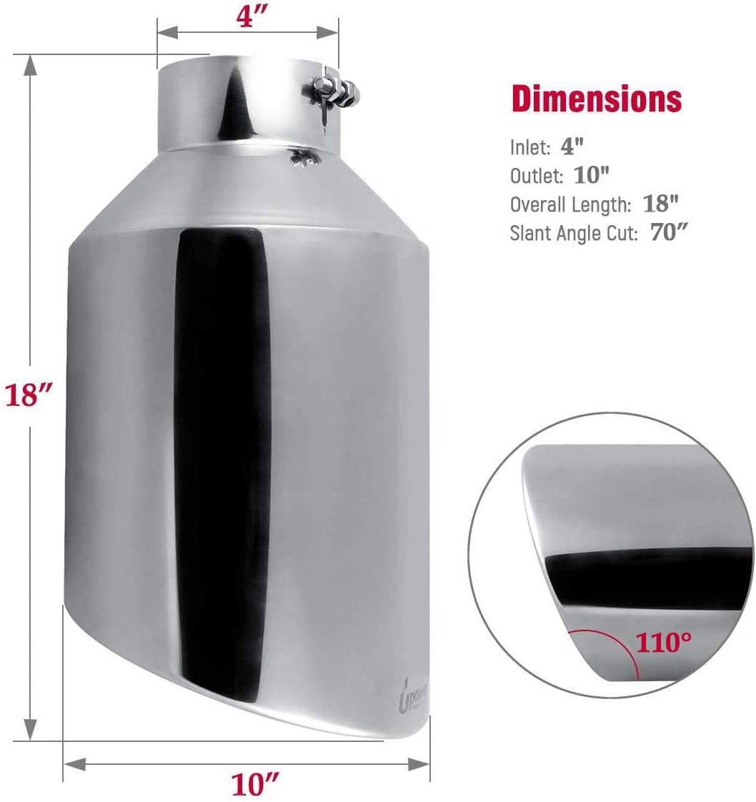 Upower 4" to 10" Exhaust Tip Mirror Polished 4 Inch Inlet 10 Inch Outlet Exhaust Tailpipe 18" Length Bolt-On 45 Degree Angle Cut Tail Pipe