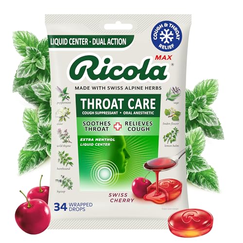 Ricola Max Swiss Cherry Throat Care Large Bag | Cough Suppressant Drops | Dual Action Liquid Center | Soothing Long-Lasting Relief - 34 Count (Pack of 1)