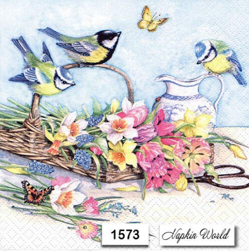(1573) TWO Individual Paper LUNCHEON Decoupage Napkins - BASKET FLOWERS BIRDS