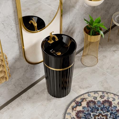 Image of BASSINO 18x18x33 Inches Ceramic Pedestal Wash Basin /7 Years Warranty /One Piece Free Standing Basin For Bathroom /Living Room /Salons /Round Modern Sink /Floor Mounted Washbasin(Glossy Black & Gold)