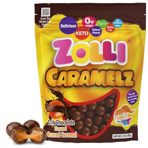 Zolli Caramelz in Dark Chocolate - Sugar-Free Candy, Keto & Diabetic-Friendly Healthy Candy, Dentist-Approved Treats for Kids, 3 oz