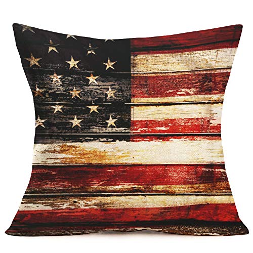 Asmaour Throw Pillow Covers Retro Wood Patriotic American Flag Home Decor Pillowcase July 4th Independence Day Cotton Linen Throw Pillow Case Cushion Cover 18â€™â€™x18â€™â€™,Stars and Stripes (American Flag)