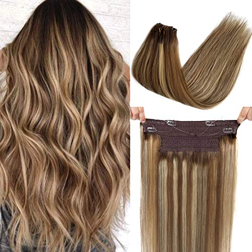 Human Hair Extensions Wire Hair Hair Extensions Ombre Balayage Brown to Blonde Highlights Natural Real Wire Hair Extensions Invisible Hairpiece with Transparent Fish Line 80G 16"