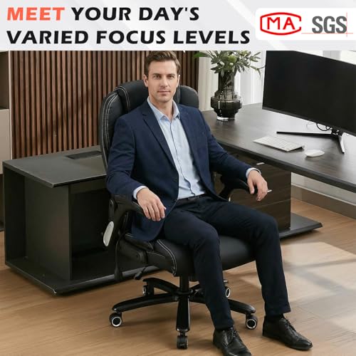 Image of 700lbs Big and Tall Office Chair - Heavy Duty Executive Desk Chair with Inflatable Lumbar Support, Extra Wide Padded Seat, Flip-up Arms, Metal Base & Quiet Rubber Wheels, High Back Ergonomic Chair