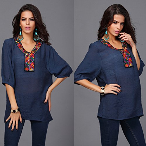 Kafeimali Women's Bohemian Embroidered Loose Tops Semi Sheer Shirt Mini Dress (Blue) #TOP3