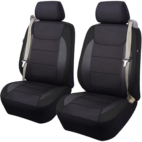 Flying Banner car seat Covers Quality Carbon Fiber Air Mesh Fabric Sport Low High Back Bucket Back Pocket Arm Rest (2 Fronts-Low Bucket-Built-in Seatbelt Compatible, Black)