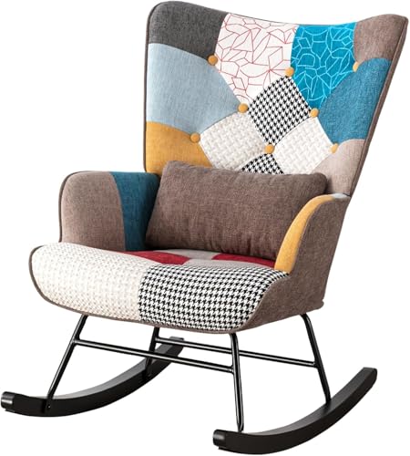 HomeMiYN Sillón Mecedora Tapizado Patchwork, Estructura Metal y Base Madera,Estilo Retro Escandinavo para Salón o Dormitorio Infantil (Color Marrón)