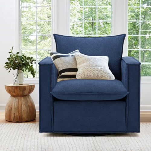 COLAMY Swivel Accent Chair, 34 Inches Wide Upholstered Arm Chair with Plump Back Pillow, Modern Sofa Living Room Chair for Bedroom, Corner, Reading Nook-Blue